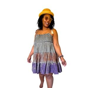Storia Tent Dress Boho Plaid Ombre Mini Tie Tassel Straps Tiered Ruffle Hem